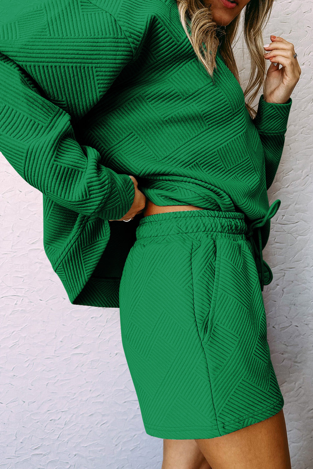 Textured Long Sleeve Top & Drawstring Shorts Set | Sophisticated Loungewear