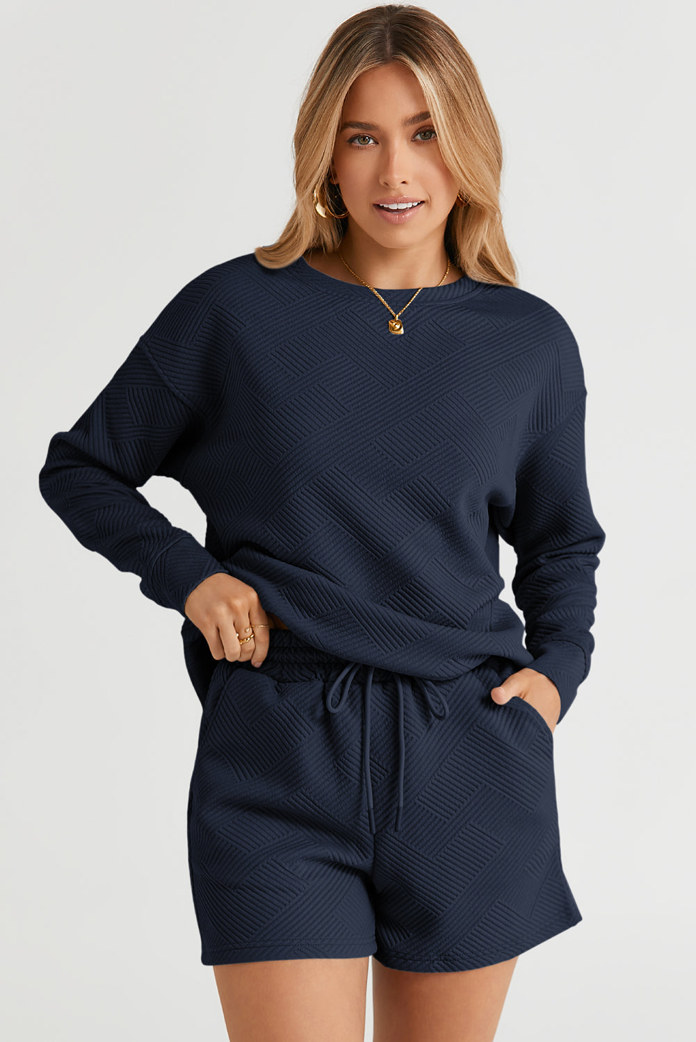 Textured Long Sleeve Top & Drawstring Shorts Set | Sophisticated Loungewear