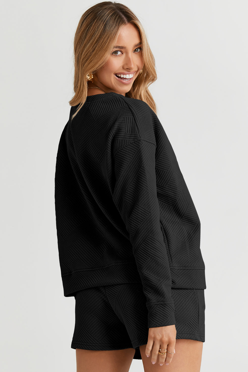 Textured Long Sleeve Top & Drawstring Shorts Set | Sophisticated Loungewear