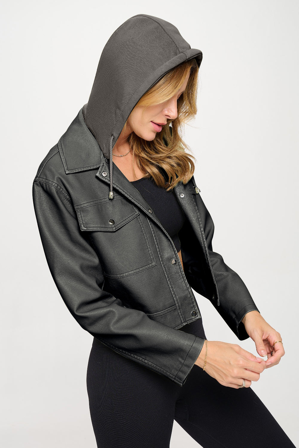 Coalition LA Snap Down Cropped Hooded Jacket - Dark Metallic Bronze Vegan Leather Jacket | Cashmere Daisy – 20% Off for a Limited Time (Discount Reflected at Checkout)