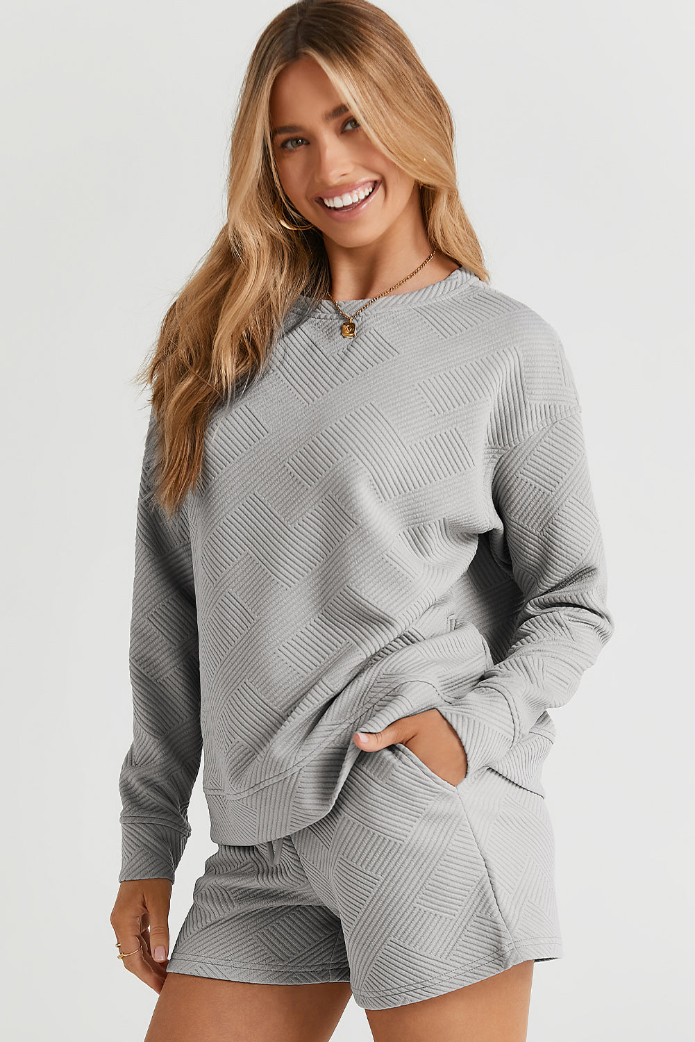 Textured Long Sleeve Top & Drawstring Shorts Set | Sophisticated Loungewear