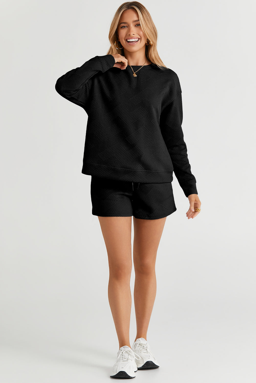 Textured Long Sleeve Top & Drawstring Shorts Set | Sophisticated Loungewear