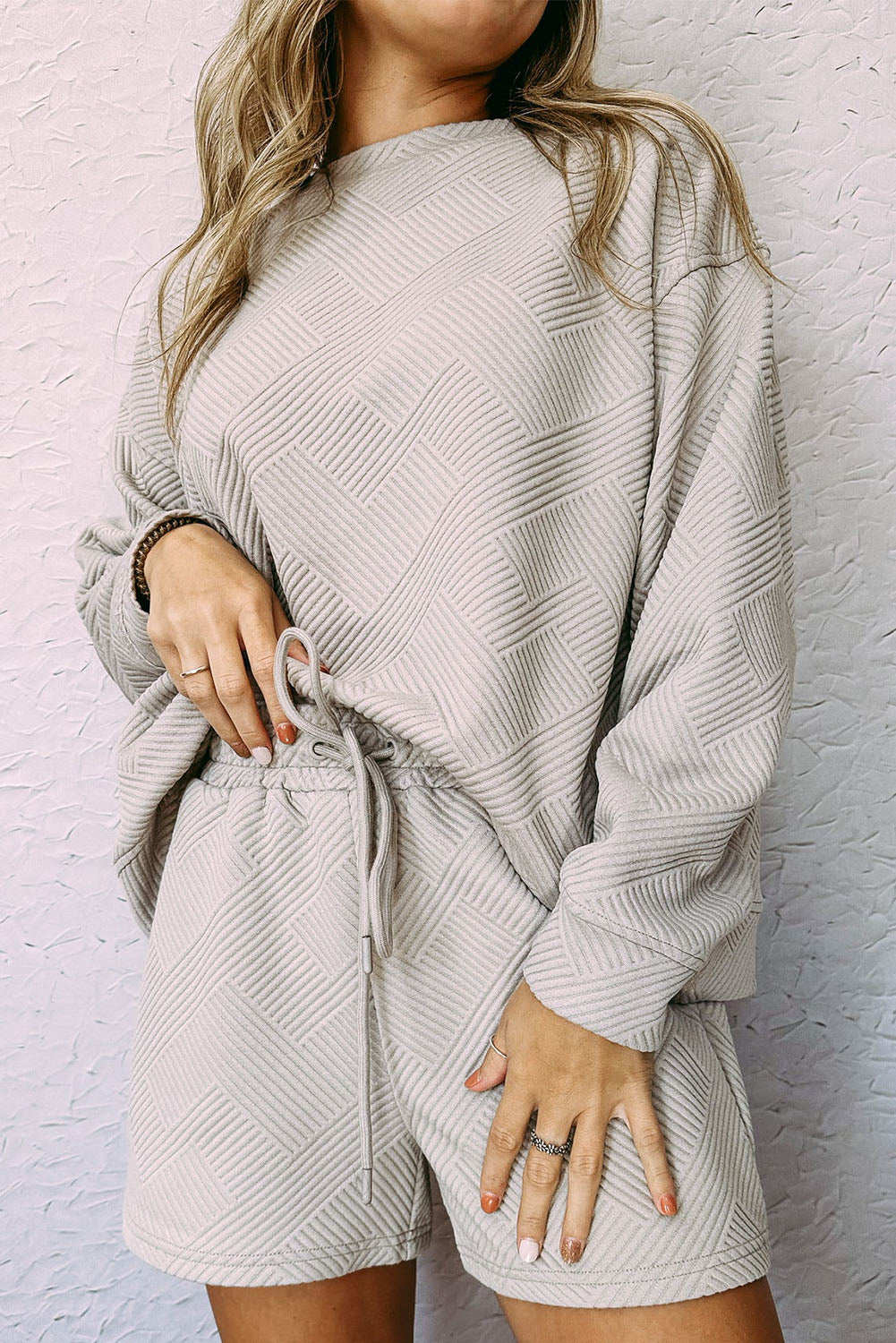 Textured Long Sleeve Top & Drawstring Shorts Set | Sophisticated Loungewear