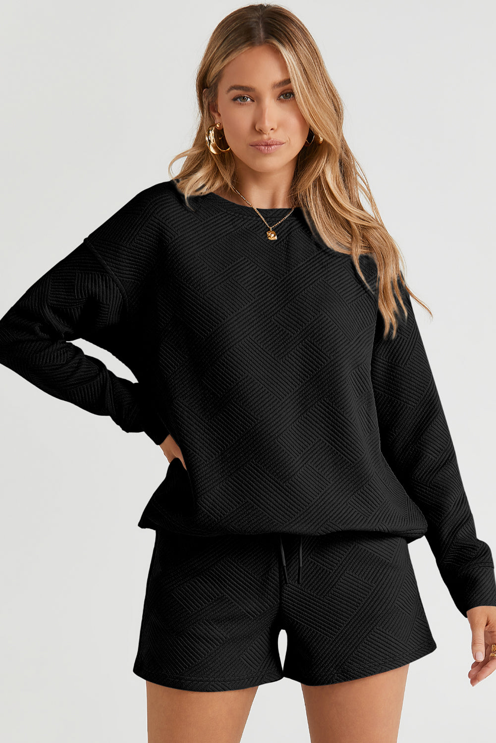 Textured Long Sleeve Top & Drawstring Shorts Set | Sophisticated Loungewear