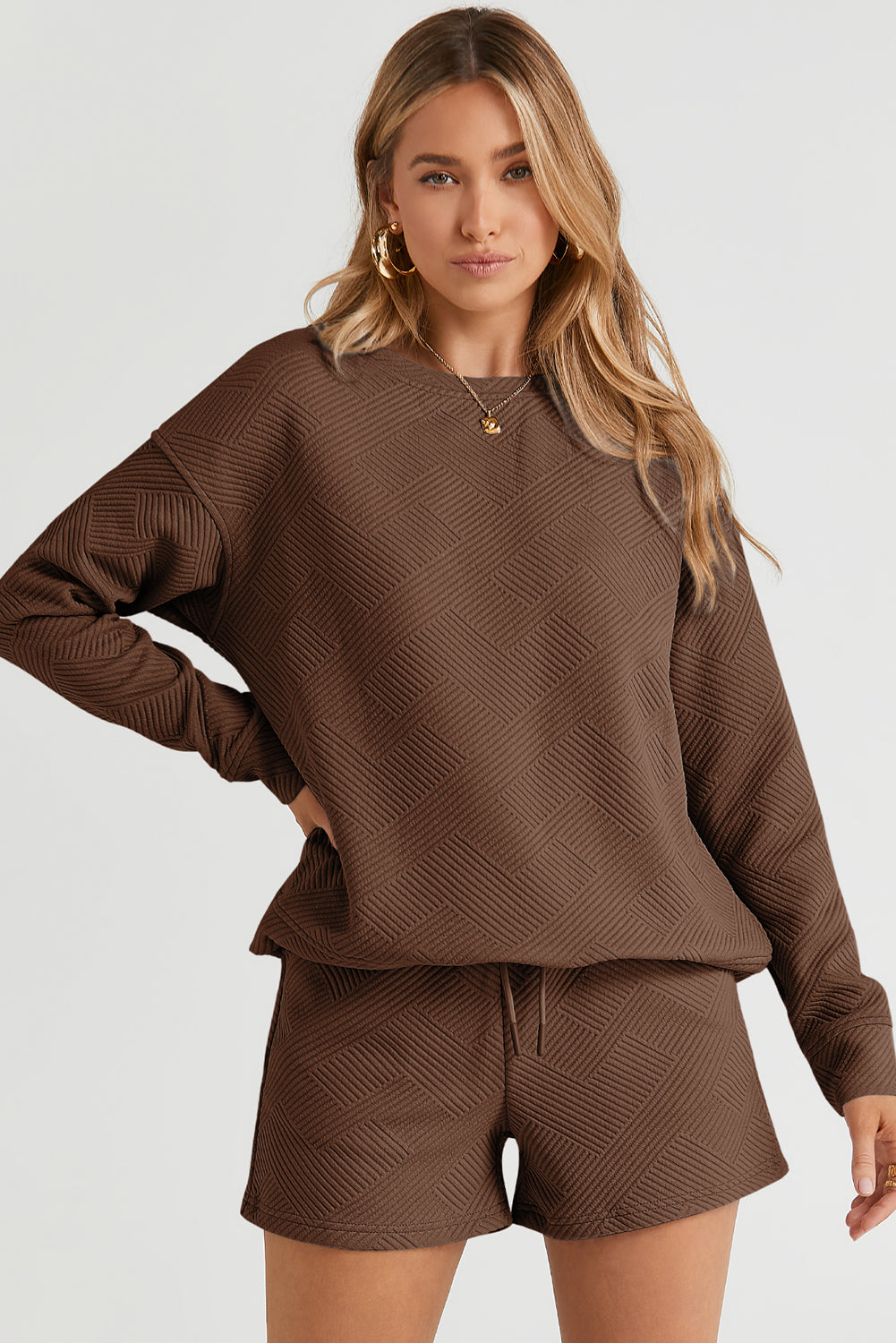 Textured Long Sleeve Top & Drawstring Shorts Set | Sophisticated Loungewear