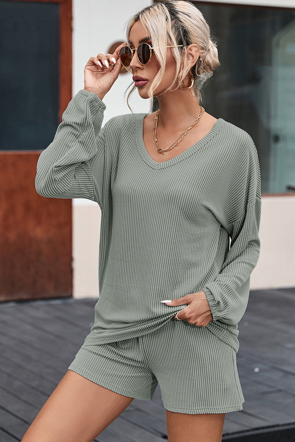 Corded V Neck Slouchy Top & Pocketed Shorts Set | Soft & Versatile