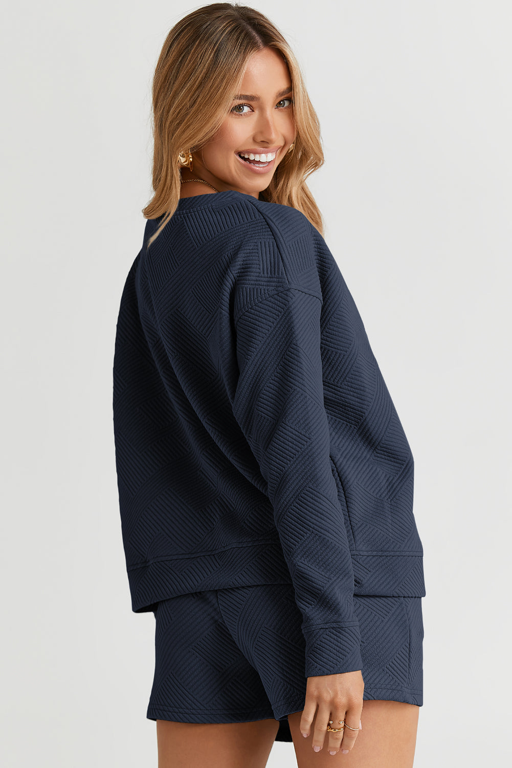 Textured Long Sleeve Top & Drawstring Shorts Set | Sophisticated Loungewear