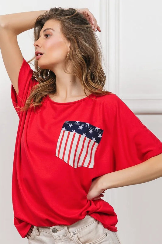BiBi French Terry Dolman Sleeve Top – Red with USA Flag Pocket - Cashmere Daisy