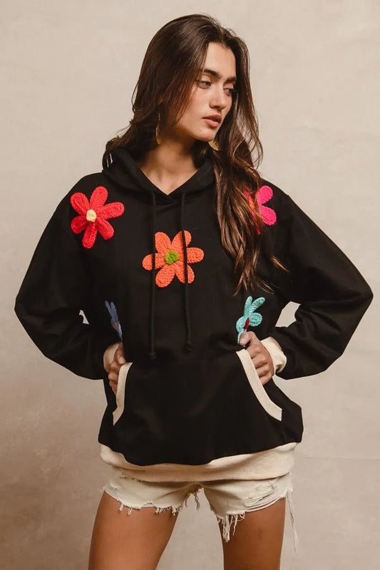 BiBi Patched Hoodie – Floral Graphic Pullover with Kangaroo Pocket - Cashmere Daisy