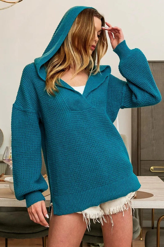 BiBi Raw Edge V - Neck Sweater Hoodie – Teal - Cashmere Daisy