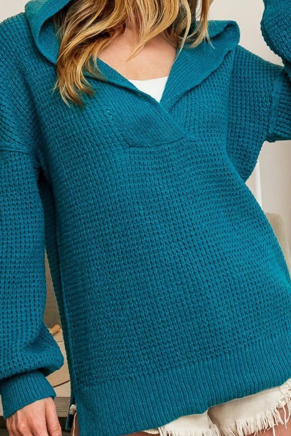 BiBi Raw Edge V - Neck Sweater Hoodie – Teal - Cashmere Daisy