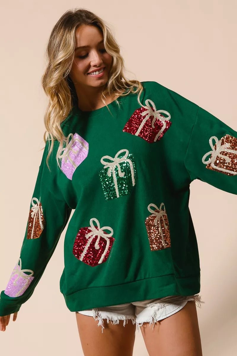 BiBi Sequin Christmas Gift Box Embroideries Pullover - Cashmere Daisy