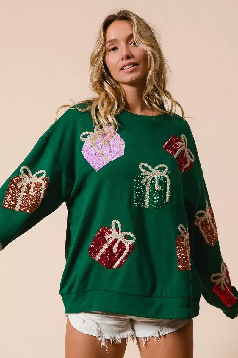 BiBi Sequin Christmas Gift Box Embroideries Pullover - Cashmere Daisy