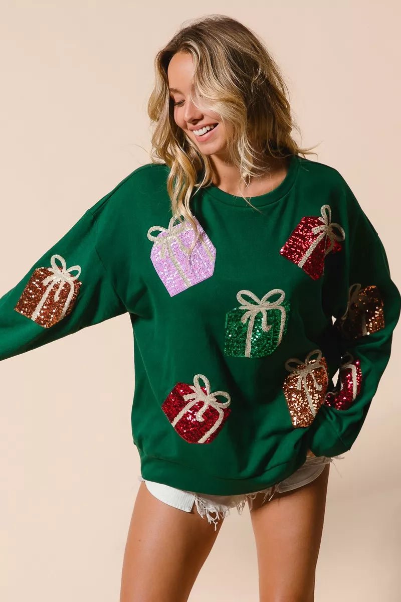 BiBi Sequin Christmas Gift Box Embroideries Pullover - Cashmere Daisy