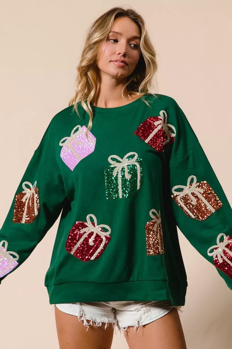 BiBi Sequin Christmas Gift Box Embroideries Pullover - Cashmere Daisy