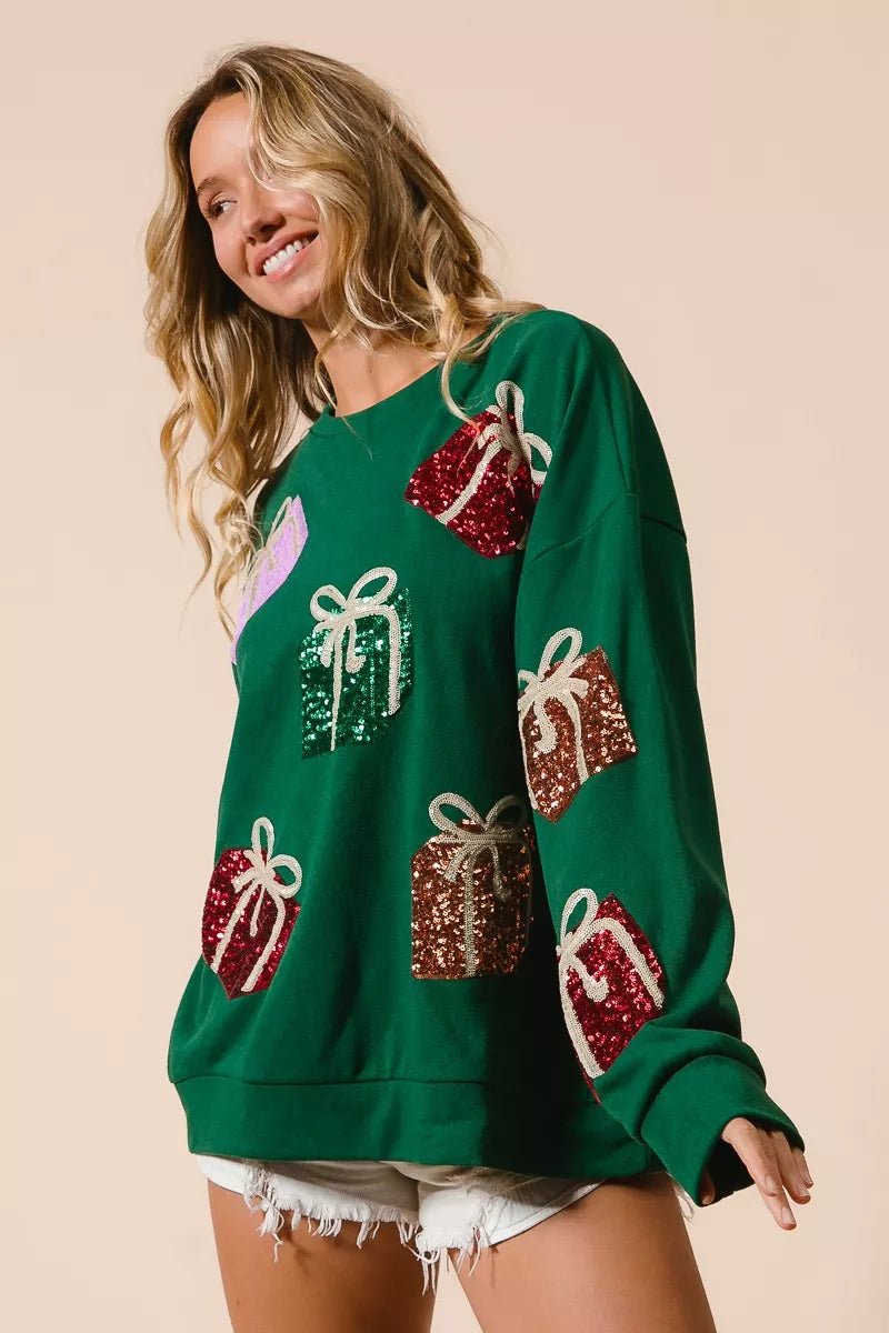 BiBi Sequin Christmas Gift Box Embroideries Pullover - Cashmere Daisy