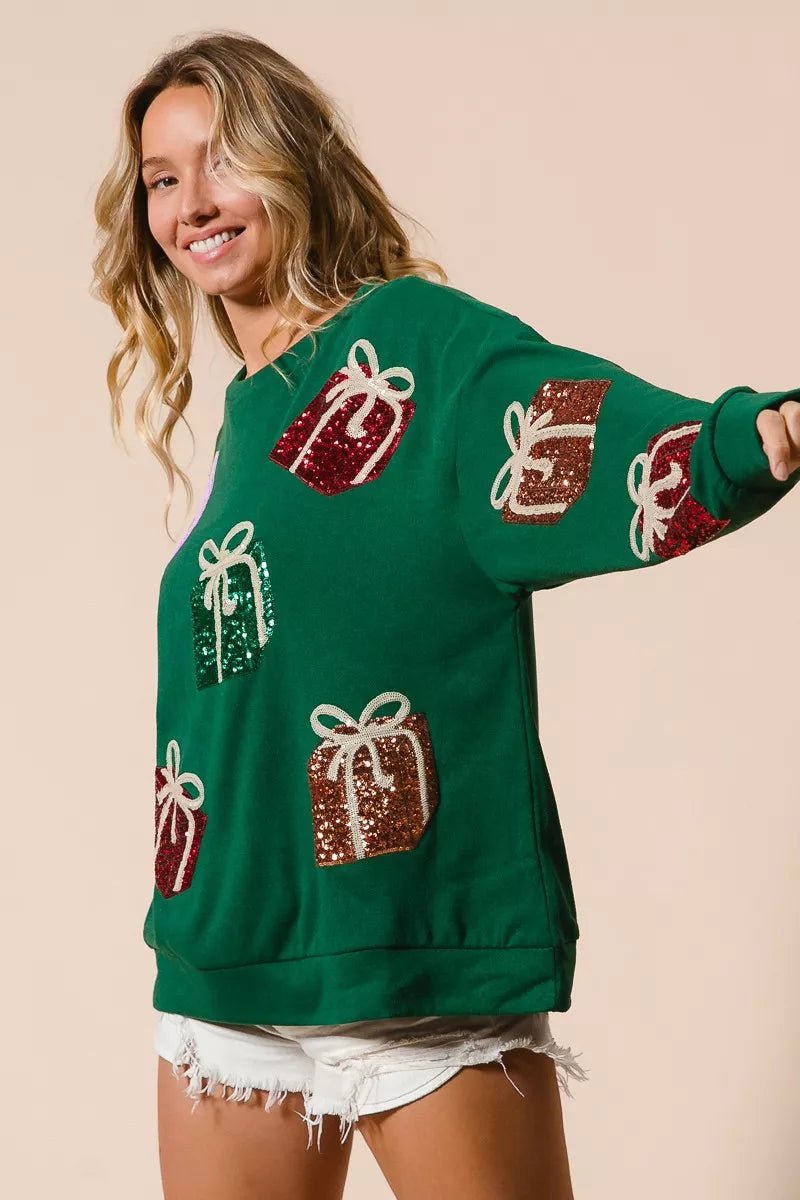 BiBi Sequin Christmas Gift Box Embroideries Pullover - Cashmere Daisy