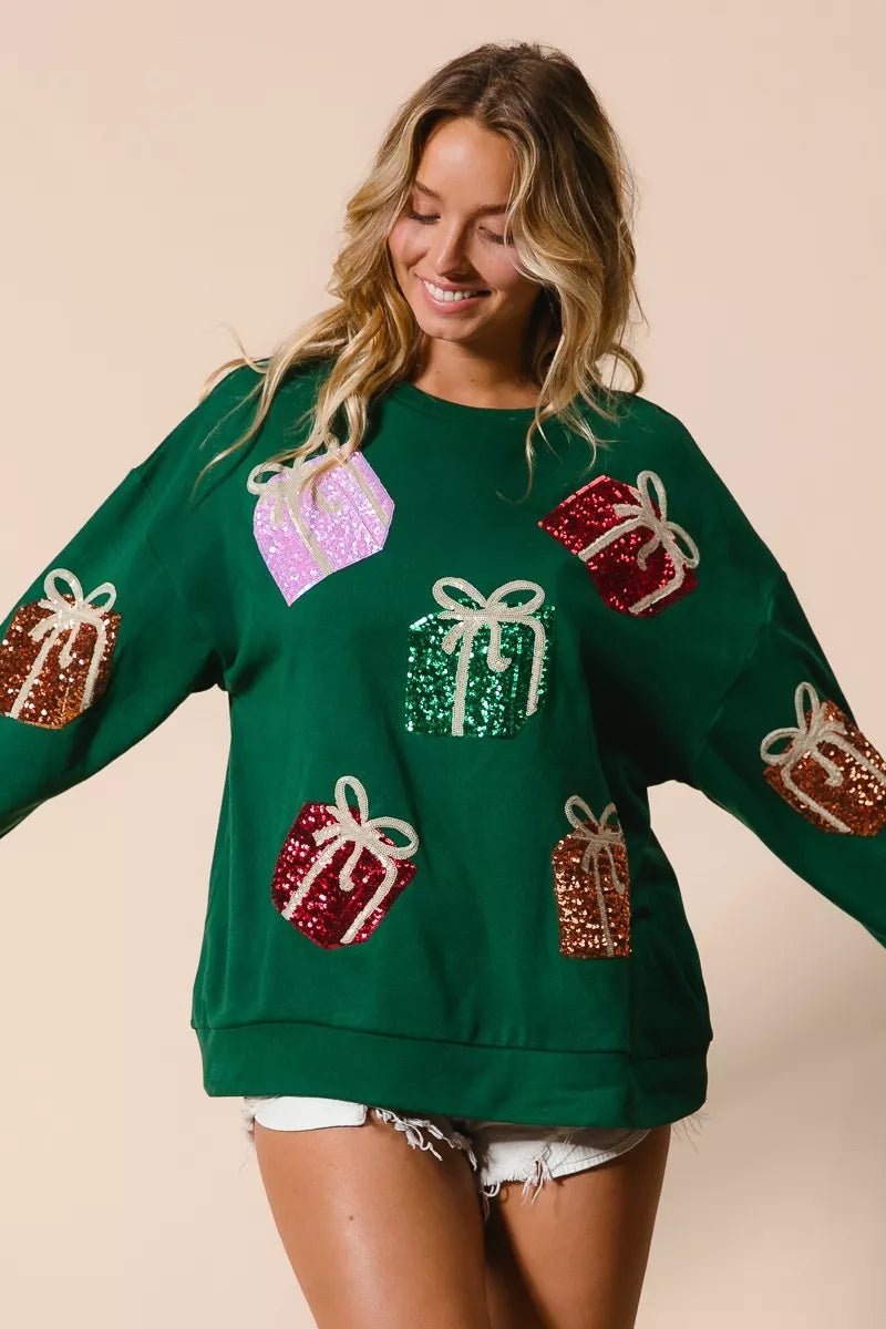 BiBi Sequin Christmas Gift Box Embroideries Pullover - Cashmere Daisy