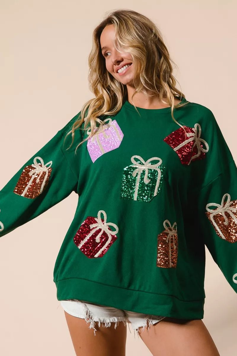BiBi Sequin Christmas Gift Box Embroideries Pullover - Cashmere Daisy