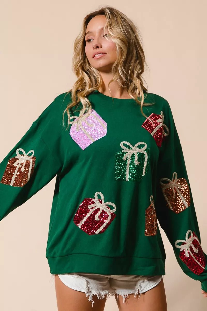 BiBi Sequin Christmas Gift Box Embroideries Pullover - Cashmere Daisy
