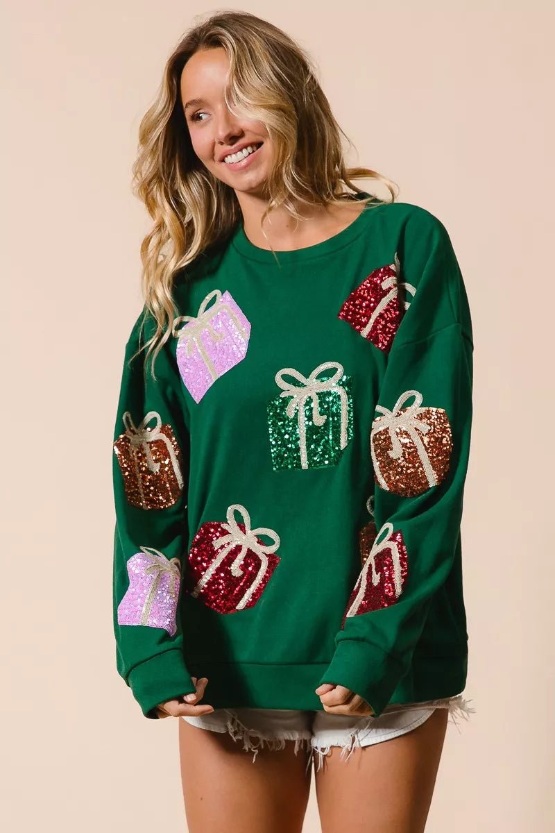 BiBi Sequin Christmas Gift Box Embroideries Pullover - Cashmere Daisy