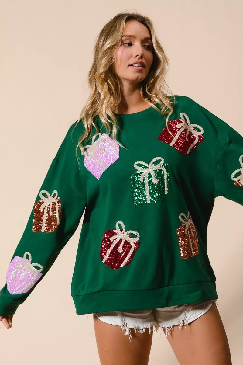 BiBi Sequin Christmas Gift Box Embroideries Pullover - Cashmere Daisy