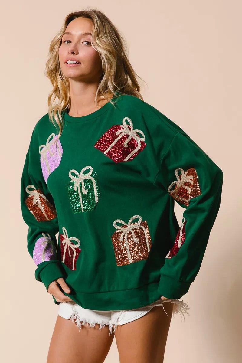 BiBi Sequin Christmas Gift Box Embroideries Pullover - Cashmere Daisy