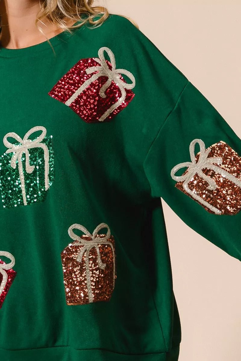 BiBi Sequin Christmas Gift Box Embroideries Pullover - Cashmere Daisy