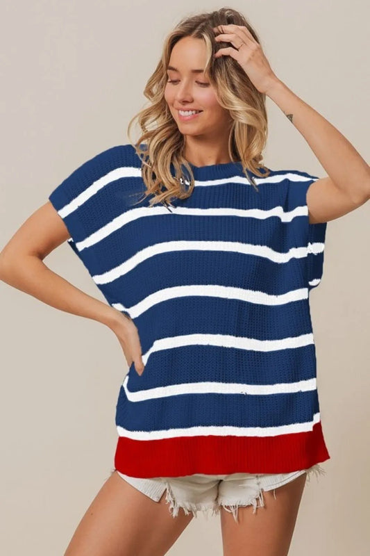 BiBi Stripe Drop Shoulder Sweater – Navy/White/Red - Cashmere Daisy