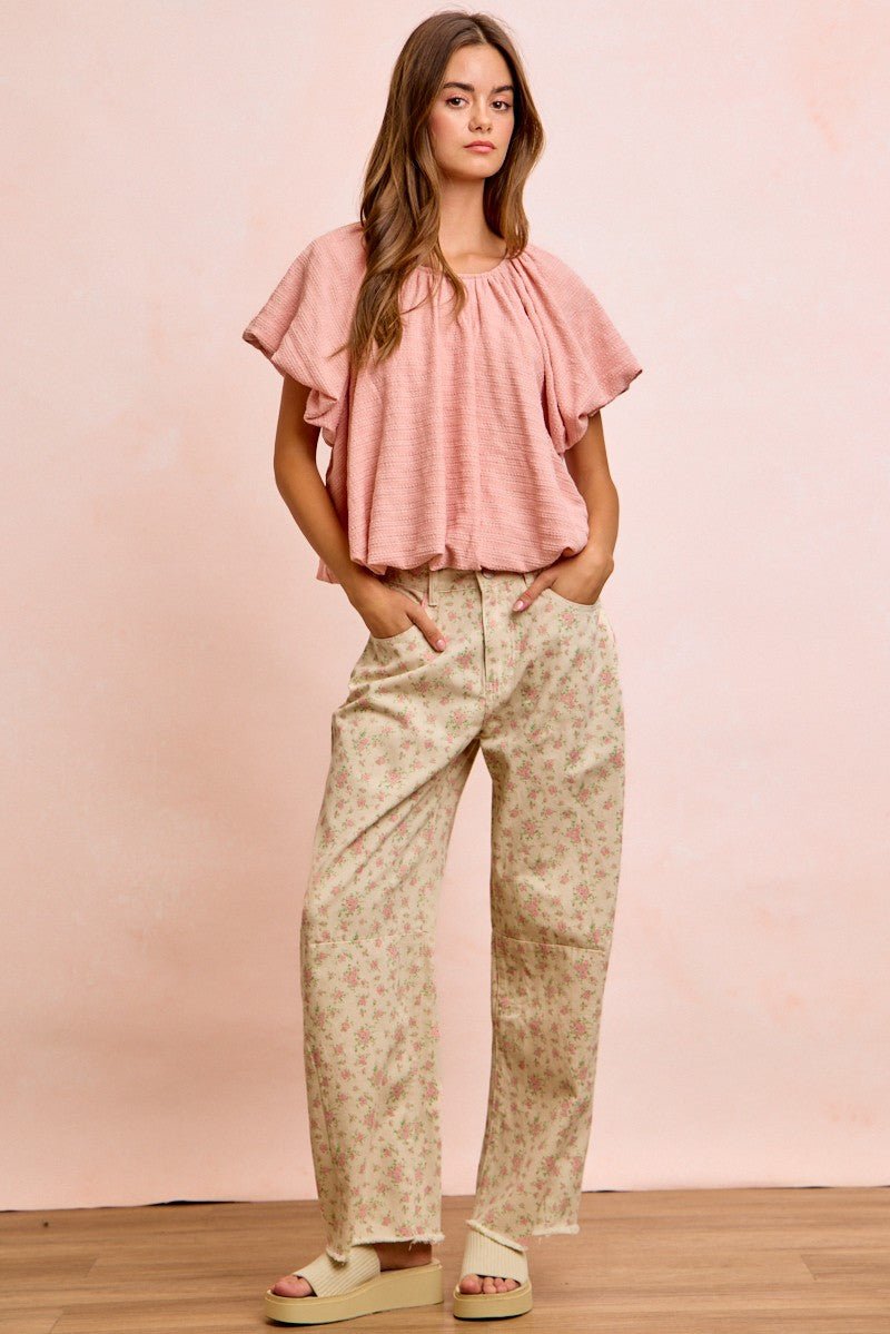 BiBi Stripes Textured Shirred Neckline Bubble Hem Top - Cashmere Daisy