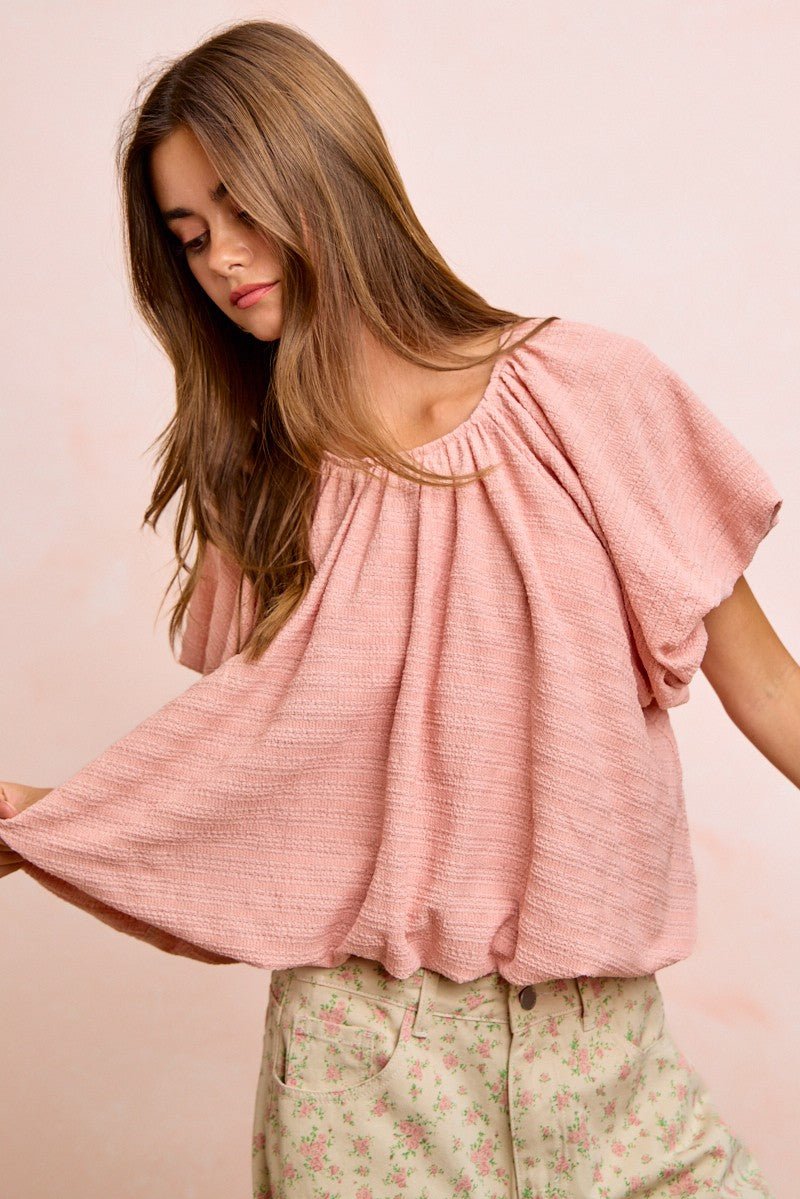 BiBi Stripes Textured Shirred Neckline Bubble Hem Top - Cashmere Daisy