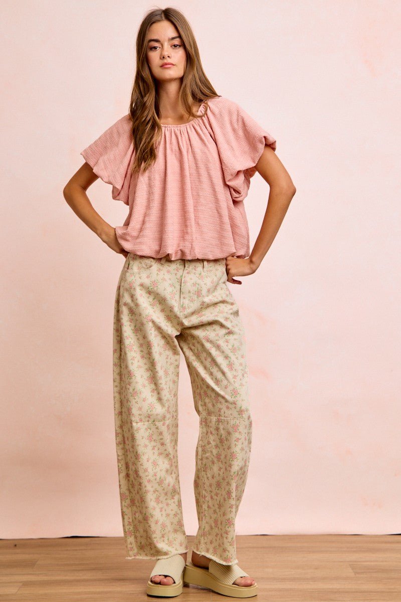 BiBi Stripes Textured Shirred Neckline Bubble Hem Top - Cashmere Daisy