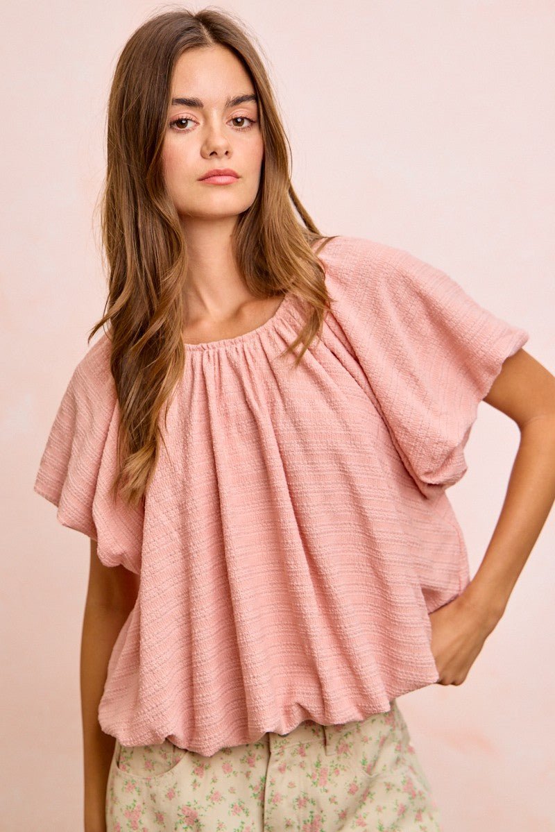 BiBi Stripes Textured Shirred Neckline Bubble Hem Top - Cashmere Daisy