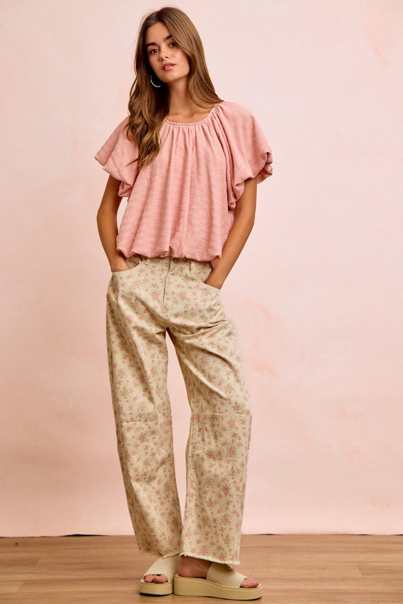 BiBi Stripes Textured Shirred Neckline Bubble Hem Top - Cashmere Daisy