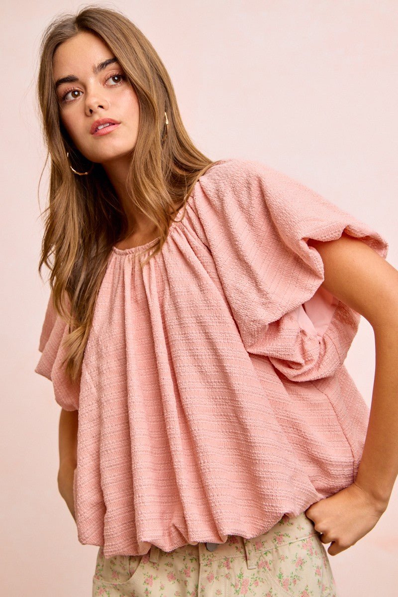 BiBi Stripes Textured Shirred Neckline Bubble Hem Top - Cashmere Daisy