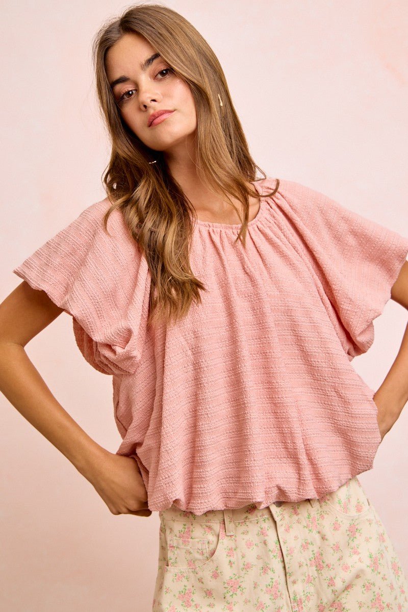 BiBi Stripes Textured Shirred Neckline Bubble Hem Top - Cashmere Daisy