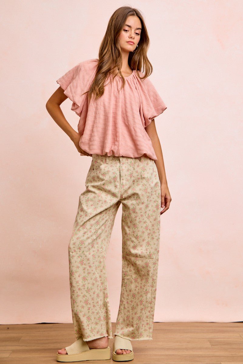 BiBi Stripes Textured Shirred Neckline Bubble Hem Top - Cashmere Daisy