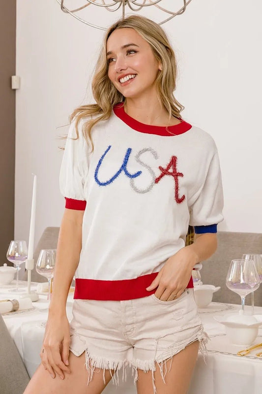 BiBi USA Metallic Letter Knit Top – White & Red Color Block Tee - Cashmere Daisy