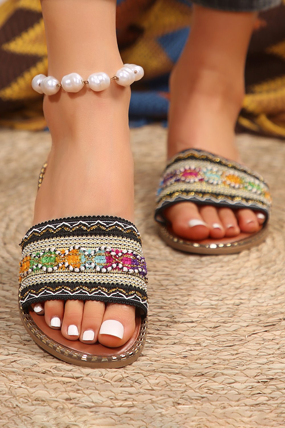 Boho Beads Slide Sandals – Chestnut Crochet Trim - Cashmere Daisy