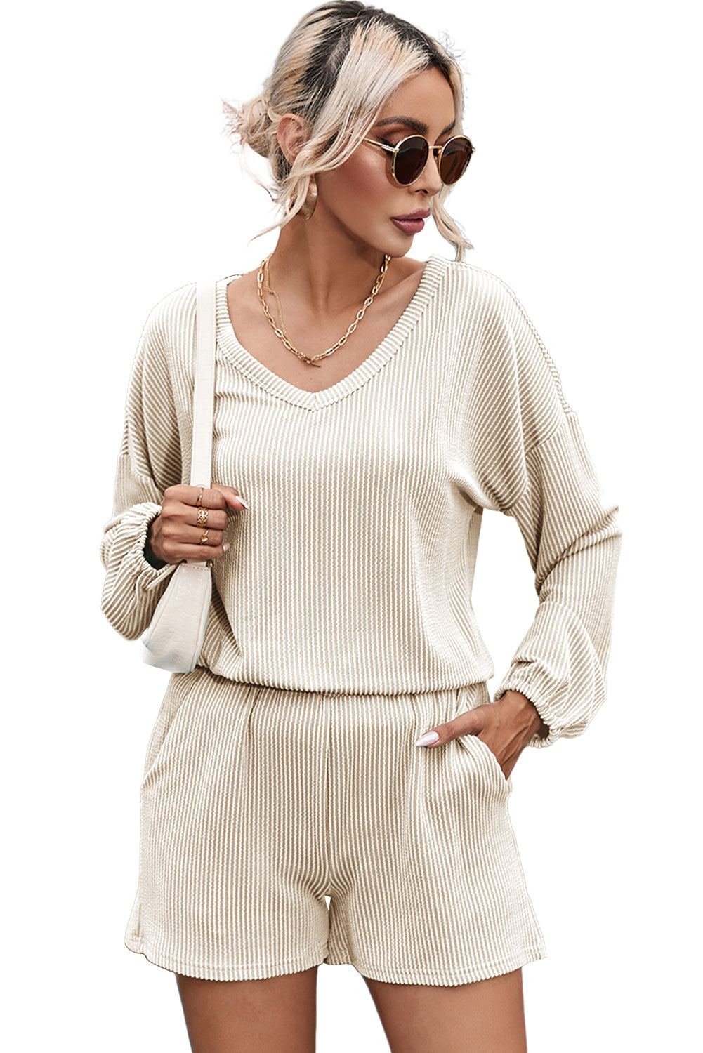 Corded V Neck Slouchy Top & Pocketed Shorts Set | Soft & Versatile