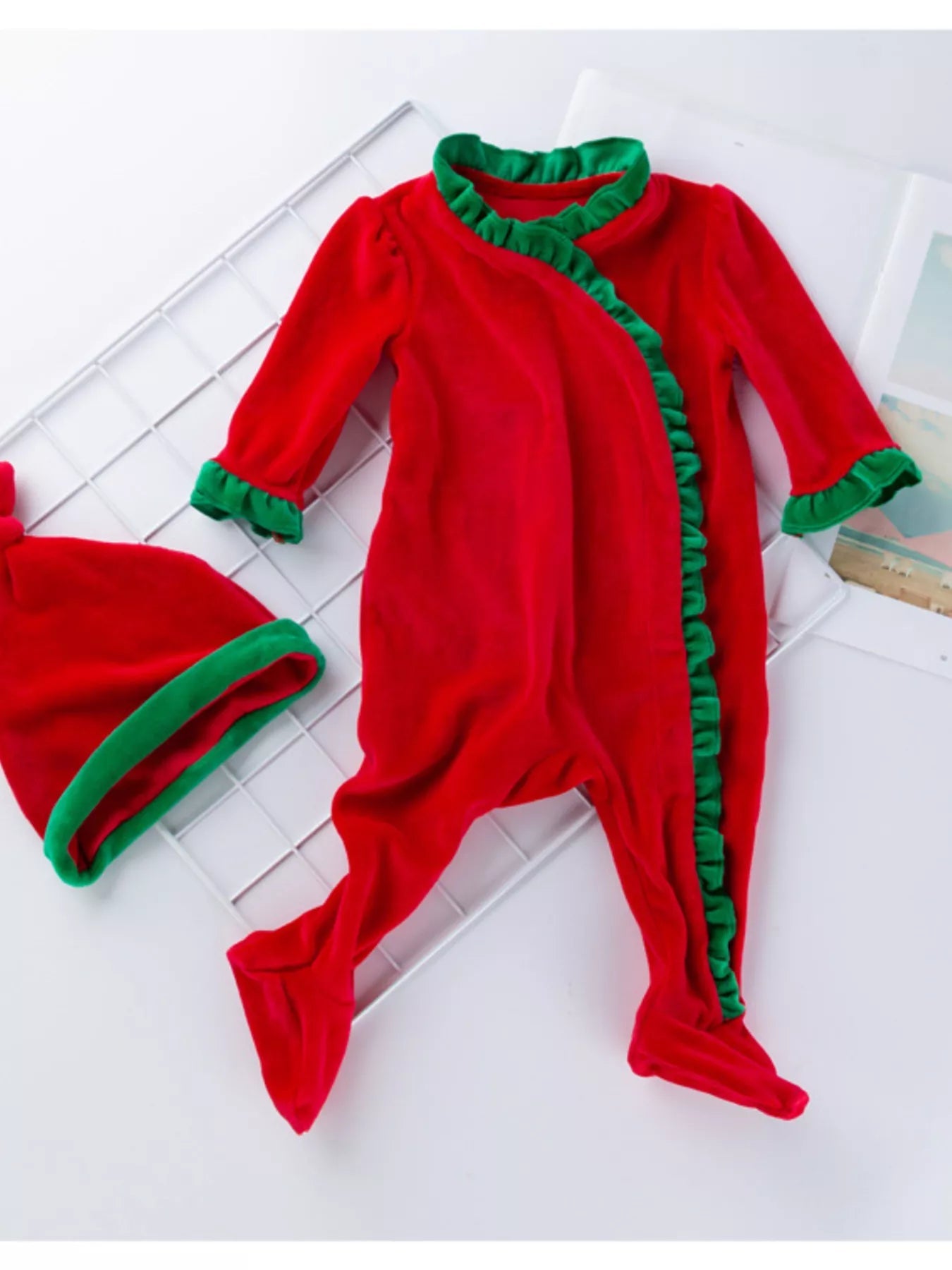 Children's Christmas Velvet One - Piece with Hat - Cashmere Daisy
