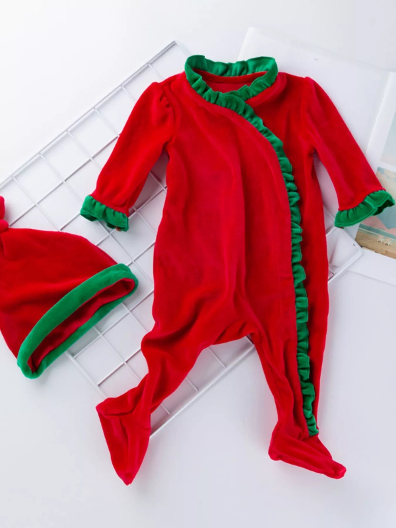 Children's Christmas Velvet One - Piece with Hat - Cashmere Daisy
