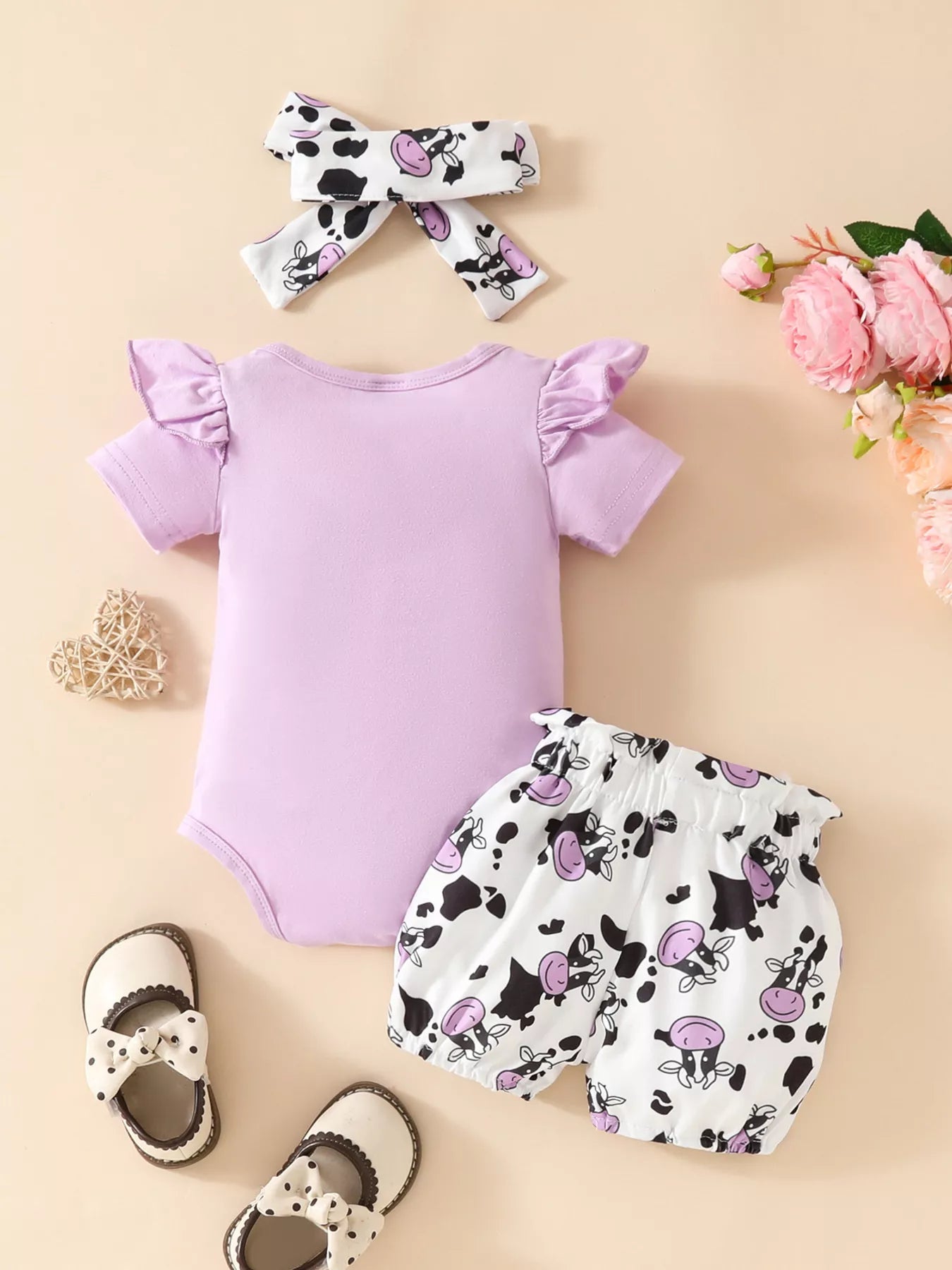 Children's Ruffled Cow Bodysuit and Shorts Set with Headband - Cashmere Daisy