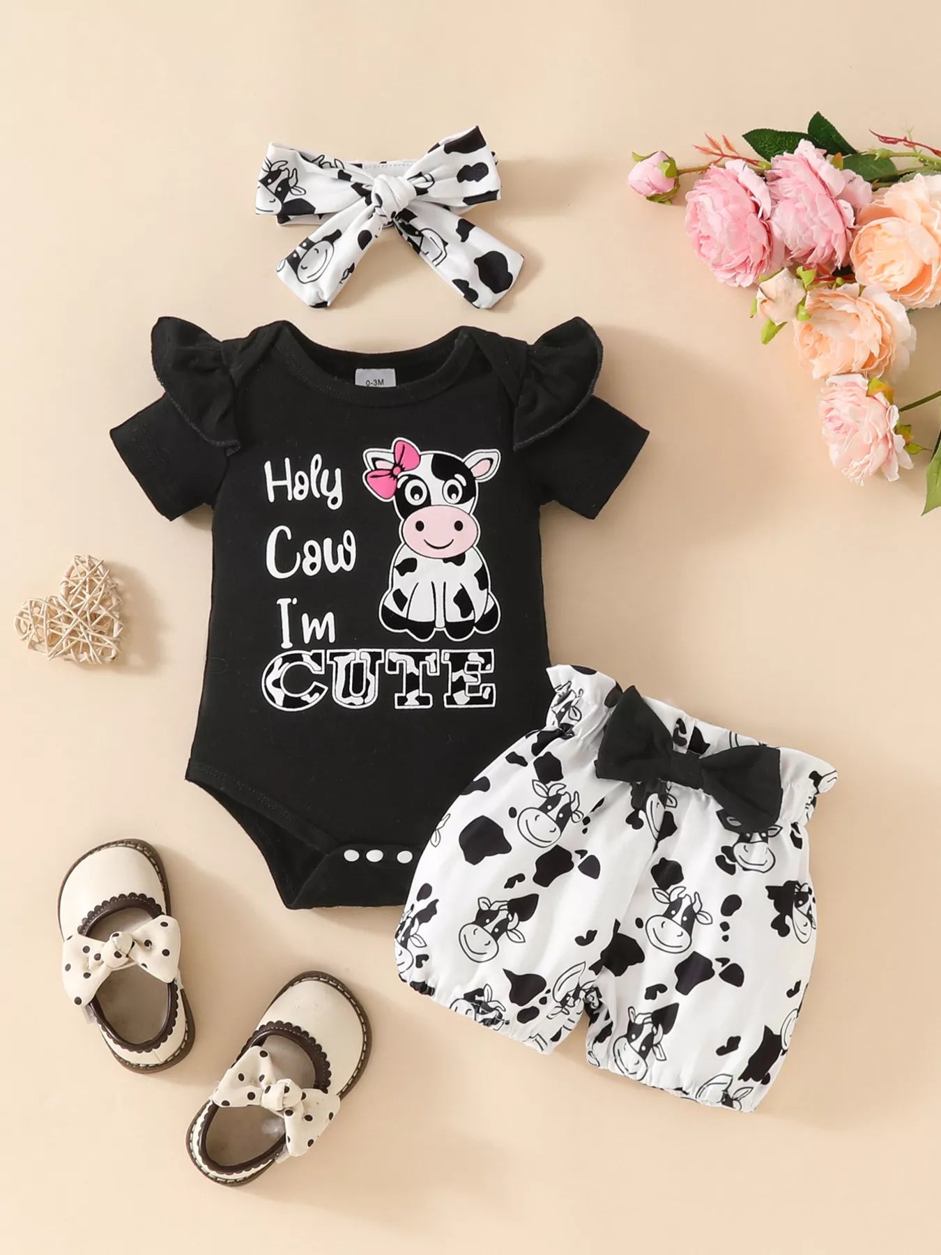 Children's Ruffled Cow Bodysuit and Shorts Set with Headband - Cashmere Daisy