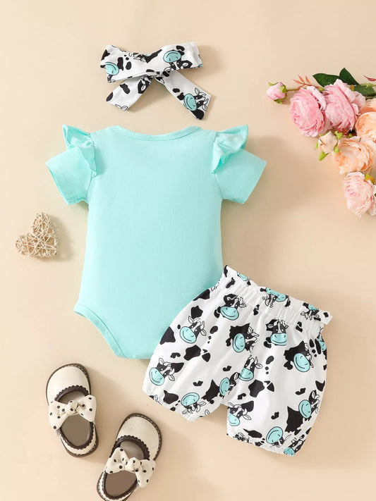 Children's Ruffled Cow Bodysuit and Shorts Set with Headband - Cashmere Daisy