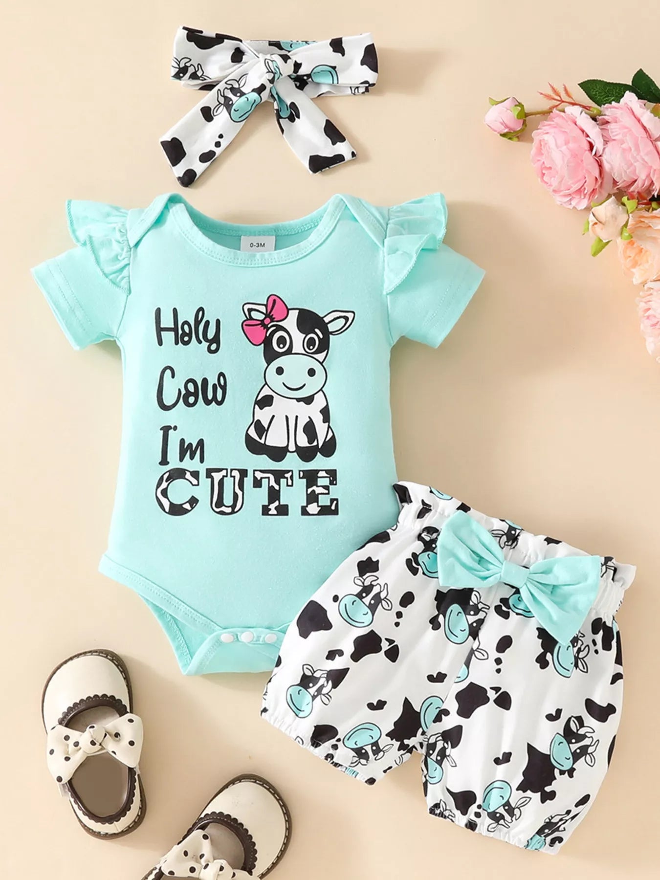 Children's Ruffled Cow Bodysuit and Shorts Set with Headband - Cashmere Daisy