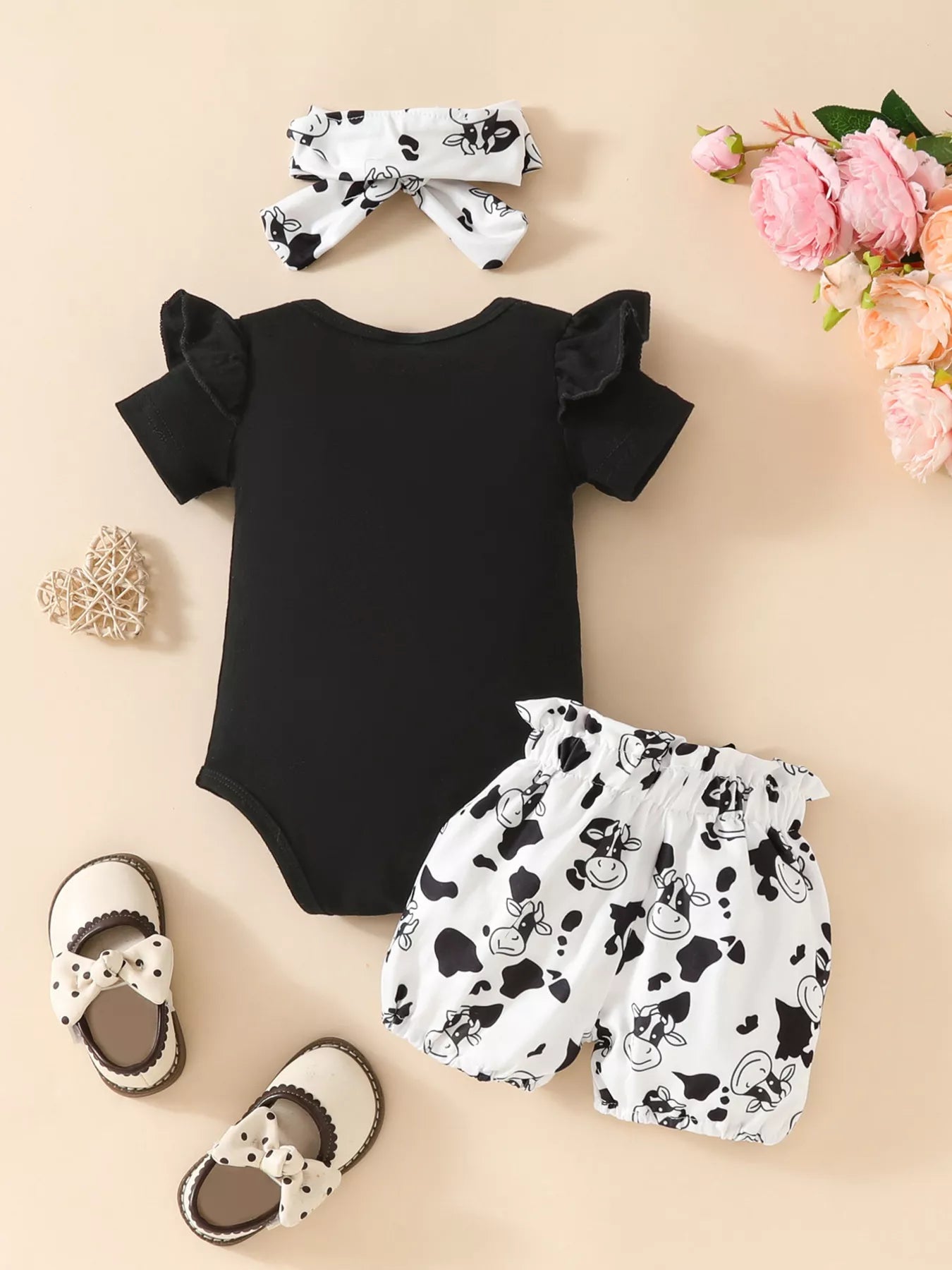 Children's Ruffled Cow Bodysuit and Shorts Set with Headband - Cashmere Daisy