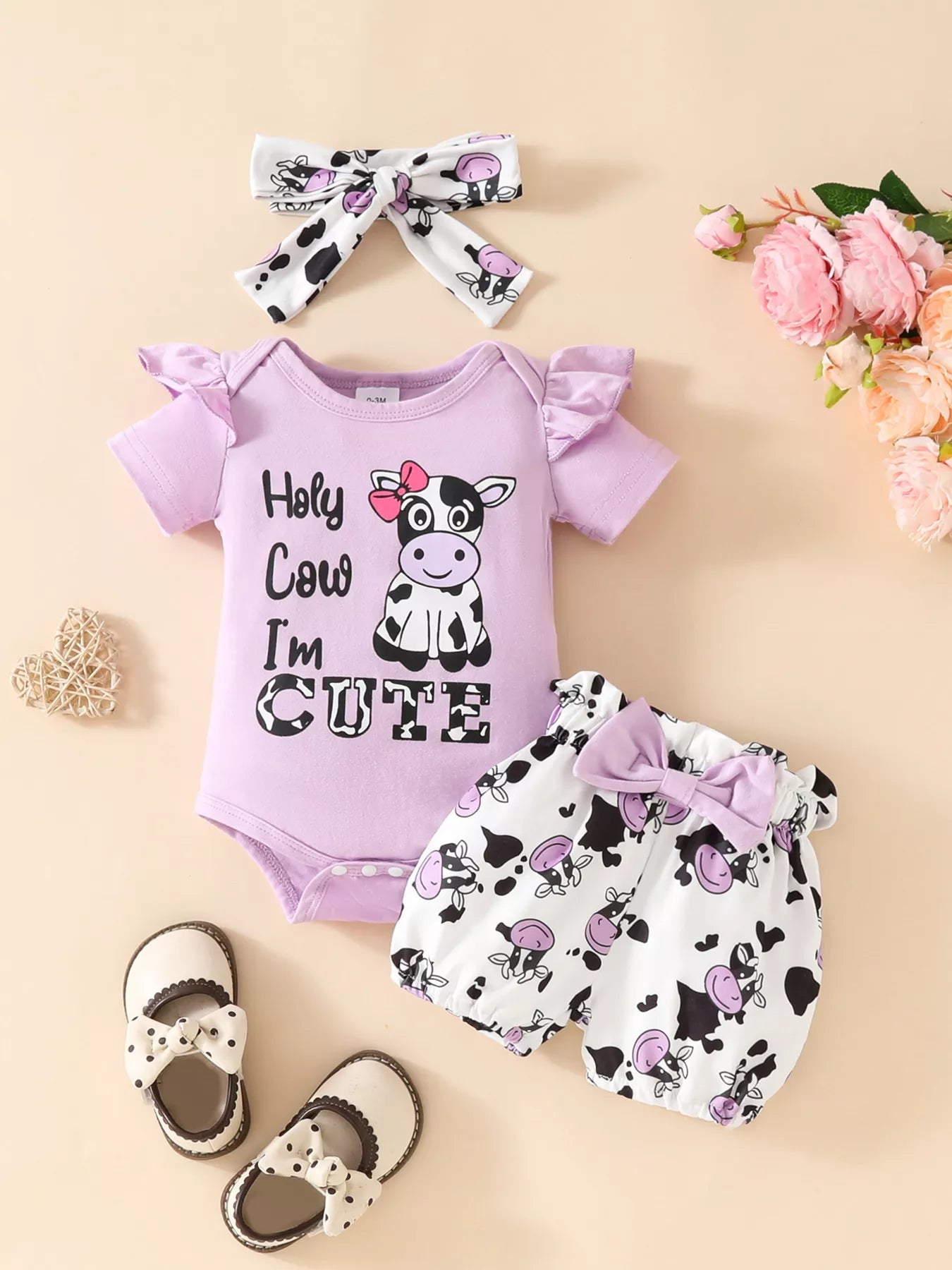 Children's Ruffled Cow Bodysuit and Shorts Set with Headband - Cashmere Daisy