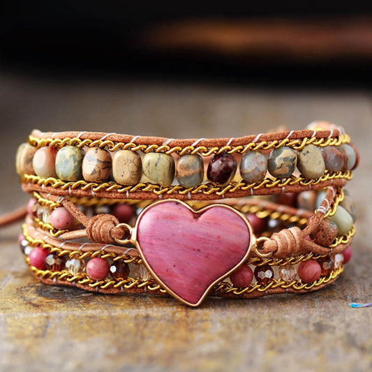 Crystal Heart Beaded Wrap Bracelet – Handmade with Natural Stone - Cashmere Daisy