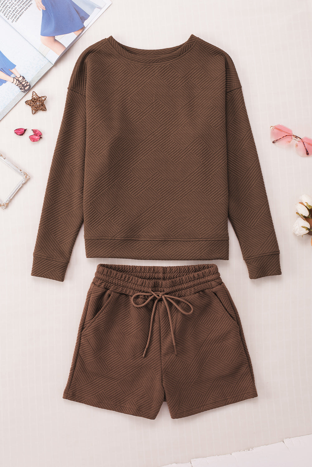 Textured Long Sleeve Top & Drawstring Shorts Set | Sophisticated Loungewear